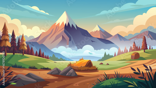 Vector art of a scenic cartoon landscape featuring majestic mountains, lush green valleys, and a clear blue sky, perfect for travel and nature enthusiasts