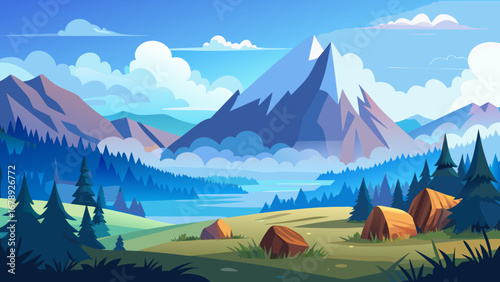 Vector art of a scenic mountain landscape with a valley, trees, and a cloudy sky, showcasing the beauty of nature and outdoor adventure in a summer setting
