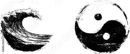Black and white grunge ink stencil set featuring yin yang and wave designs for posters or prints