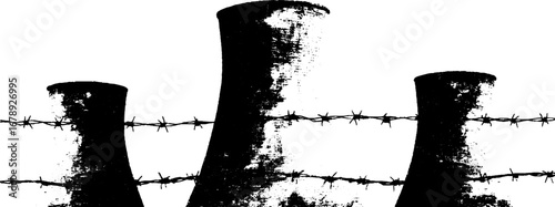 Urban industrial scene with barbed wire silhouettes in black and white stencil art