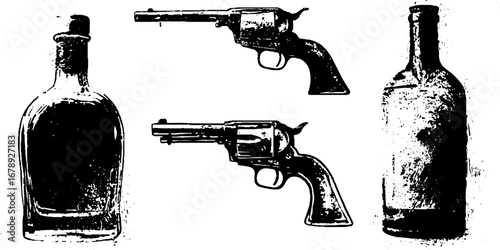 Vintage black and white stencil set: pistols and bottles for urban design projects
