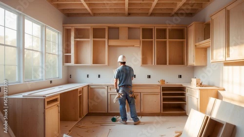 Construction worker wearing helmet installing wooden kitchen cabinets in unfinished home interior under bright sunlight