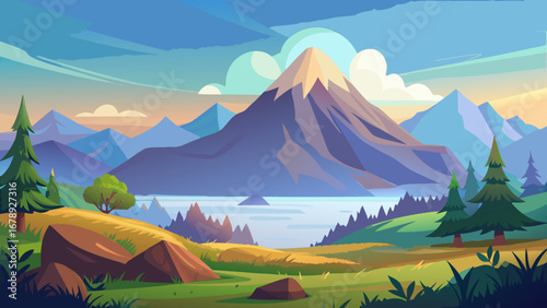 Vector art of idyllic mountain landscape with serene lake, green valley, and blue sky, perfect for travel and tourism, showcasing natures beauty and outdoor adventure