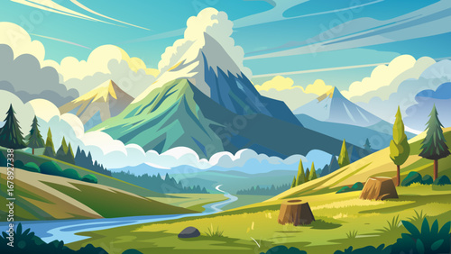 Vector art of majestic mountain landscape with rolling green hills, a winding river, and a clear blue sky filled with fluffy clouds on a sunny day