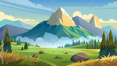 Vector art of breathtaking mountain scenery with lush green fields, towering peaks, and a clear blue sky, perfect for a summer travel adventure