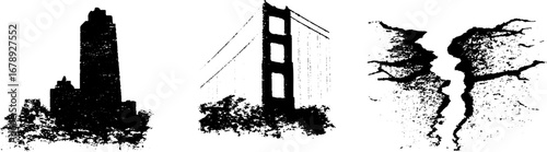 Urban skyline and bridge elements in black and white stencil art set for design