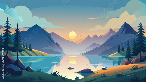 Vector art of a scenic view of a tranquil lake surrounded by majestic mountains, lush trees, and a colorful sky at sunset, creating a peaceful and idyllic landscape