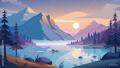 Vector art of a breathtaking view of a tranquil lake mirroring the majestic mountains and a colorful sunset, creating a serene and idyllic landscape for nature lovers