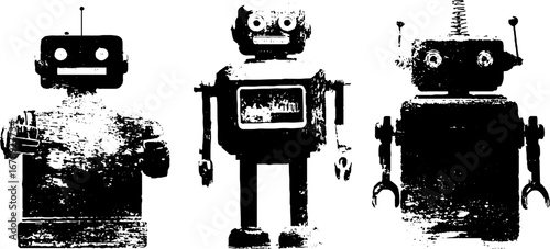 Black and white comic robot stencil collection for urban design and prints