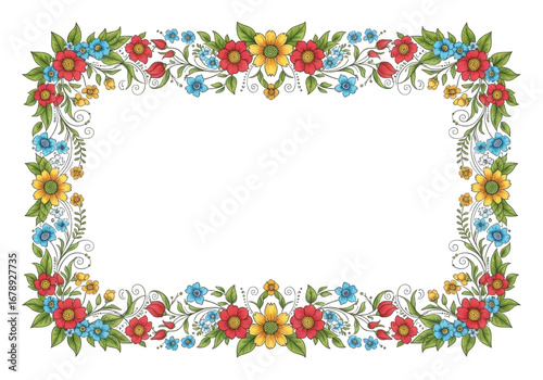 Rectangular frame with colorful folkstyle flowers and green leaves isolated on transparent background