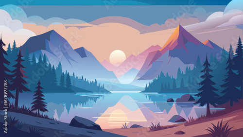 Vector art of a tranquil lake mirrors the towering mountains and vibrant sunset, framed by dense forests and a picturesque sky, offering a breathtaking natural vista