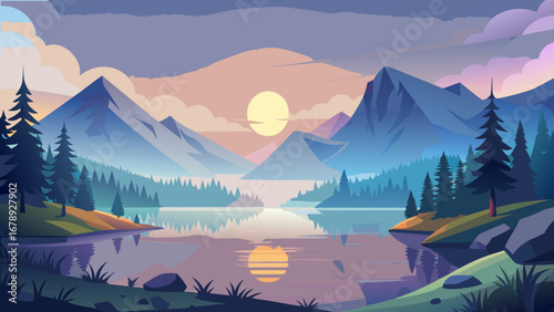 Vector art of a breathtaking mountain landscape featuring a serene lake reflecting the vibrant sunset, surrounded by lush forests and rolling hills in a tranquil scene