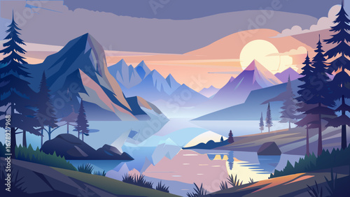 Vector art of a breathtaking landscape featuring majestic mountains reflecting in a serene lake during a vibrant sunset, surrounded by lush forests and a tranquil atmosphere