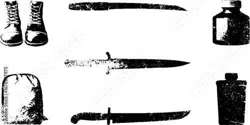 Black and white stencil set with boots, knives, and bottles for urban art and design