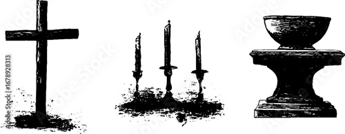 Black and white grunge stencil set of religious cross, candles, and chalice