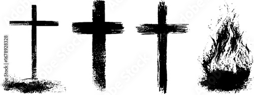 Grunge black and white cross and flame stencil set for art and design