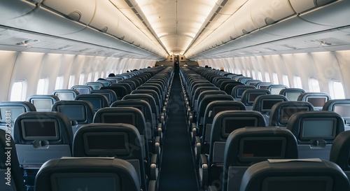 機内通路から見た整然と並ぶ座席、快適な空の旅を予感させる光景