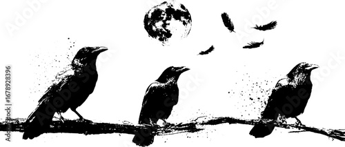 Black and white crow stencil illustration set featuring moon and feathers