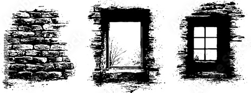 Black and white stencil set of vintage windows and wall designs for urban art projects