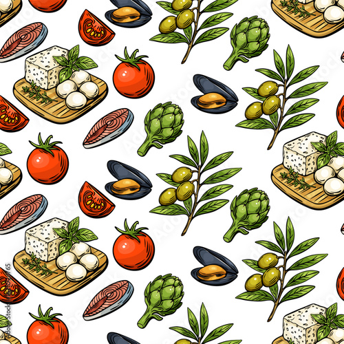 Mediterranean seamless food pattern with cheese fish olives tomato