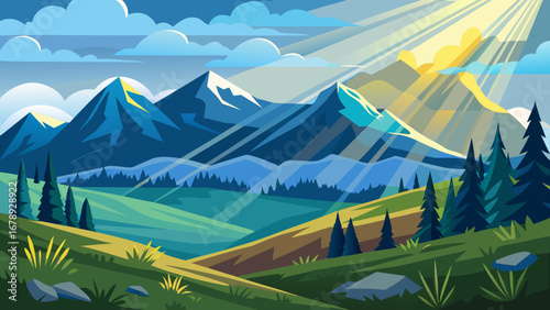 Vector art of a majestic mountain landscape with sunbeams piercing through the clouds, illuminating the lush green hills and creating a serene and aweinspiring scene