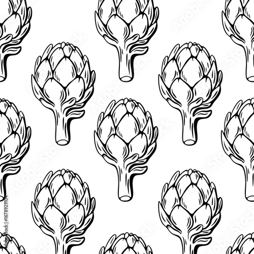 Black and white artichoke seamless pattern engraving sketch