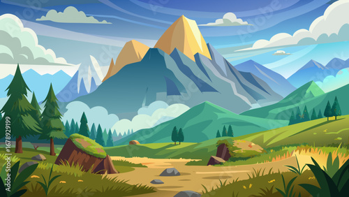 Vector art of majestic mountain landscape with golden peaks, lush green valleys, and a clear blue sky, creating a serene and inviting natural scenery
