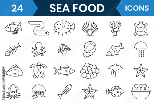 Seafood icon set. Outline icon of seafood vector symbol. Contains icons fish, lobster, crab, octopus, shrimp, oyster, mussel, caviar, eel, tortoise, starfish, jellyfish and more. Vector illustration.