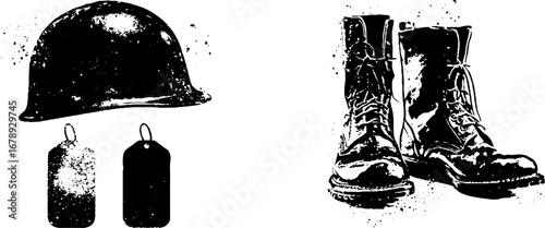 Military helmet, dog tags, and combat boots stencil collection for artistic design