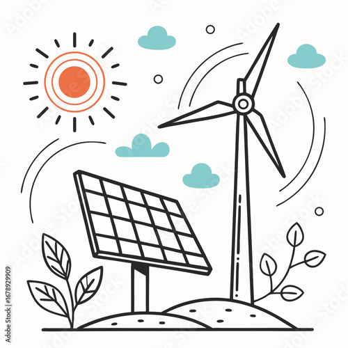 Clean Energy Landscape – Solar Panel and Wind Turbine Eco Illustration