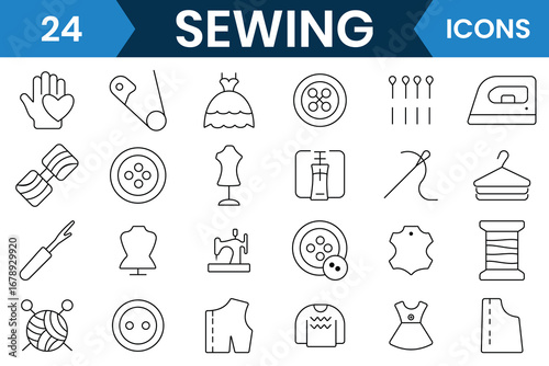 Sewing icons vector set collection. Thin line icon of sewing equipment, textile industry, fabric feather, needlework and more. Vector illustration.