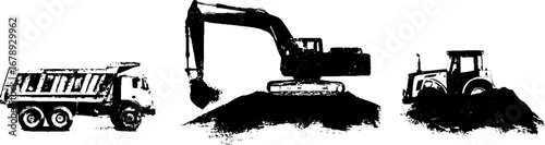 Black and white stencil illustration of construction vehicles set for urban design