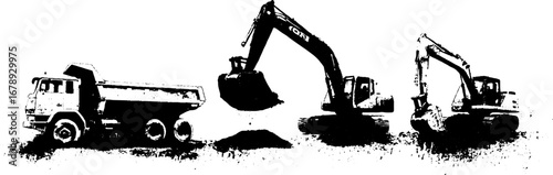 Construction vehicles stencil set in black and white for urban design