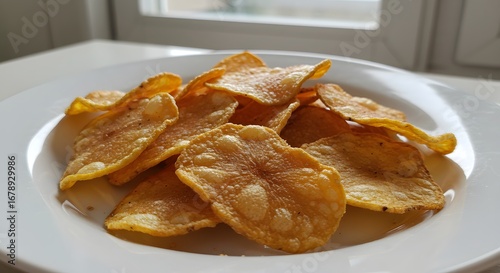 Golden Fried Chips on White Plate Snack Food Still Life