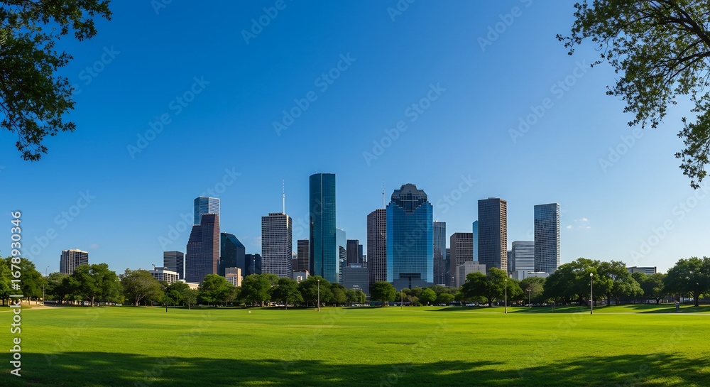 Obraz premium 緑豊かな公園から望む、青く澄み渡る空の下にそびえ立つ高層ビル群の壮大な眺め