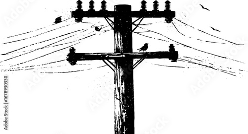 Black and white electic pole stencil with birds - urban design for posters and prints