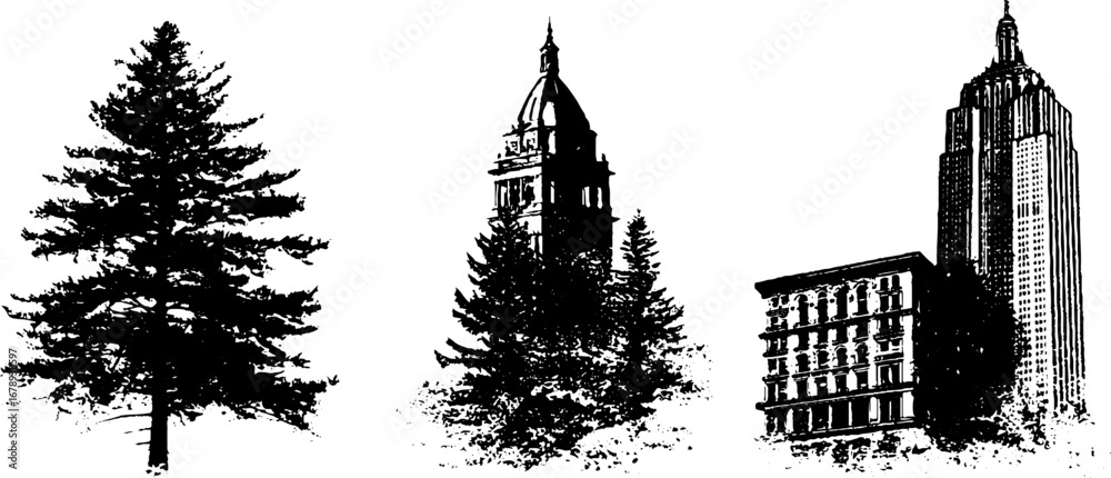 Obraz premium Black and white stencil set of urban landmarks and pine trees for design projects