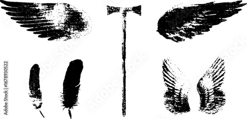 Black and white grunge stencil set of fairy wings and feathers for urban art design