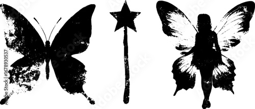 Black and white fairy silhouette set with butterfly and magic wand for creative designs