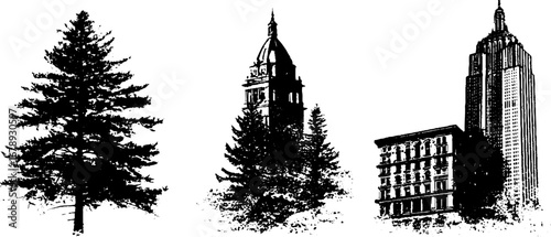 Black and white stencil set of urban landmarks and pine trees for design projects