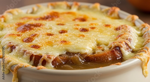 Golden Onion Soup with Melted Cheese in Bowl Closeup