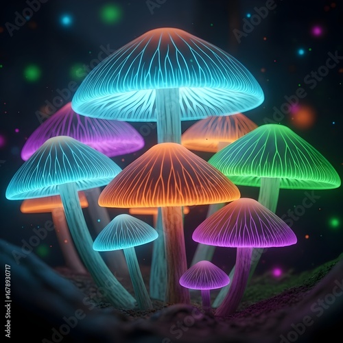 Whimsical bioluminescent mushrooms glowing with vibrant neon colors in a mystical forest setting