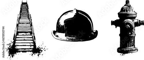 Black and white stencil set featuring firefighter ladder, helmet, and hydrant for urban art and design