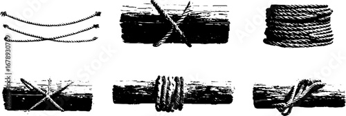 Nautical rope and wood textures set - black and white stencil designs for creative projects