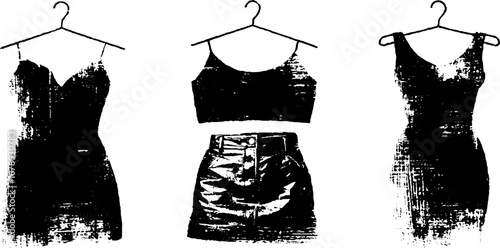 Black and white stencil illustration of fashion dresses and outfits for design