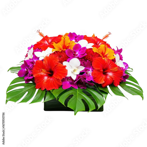 Tropical floral arrangement with hibiscus, orchids, and monstera leaves isolated on transparent background