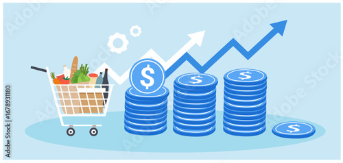 Inflation Rising. Crisis Risk. Food inflation and crisis, woman with grocery shopping cart and rising up arrow graph vector illustration. Food inflation, food price increase from economic recession