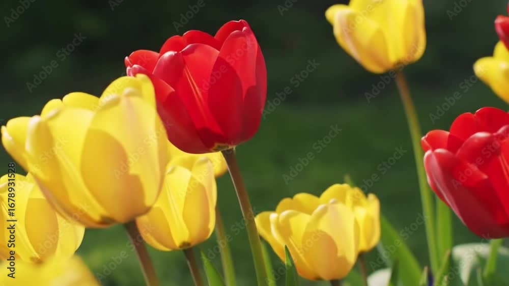Vibrant Red and Yellow Tulips Blooming in a Lush Spring Garden Vibrant Red and Yellow Tulips Blooming in a Lush Spring Garden