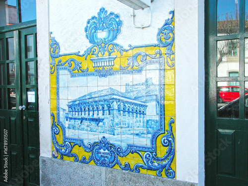 Vilar Formoso, Portugal. Portuguese tiles on the facade of the Vilar Formoso train station, a town located near the border with Spain.