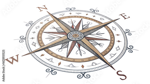 A vintage compass rose, isolated on transparent background, guides travelers on a journey of exploration and adventure